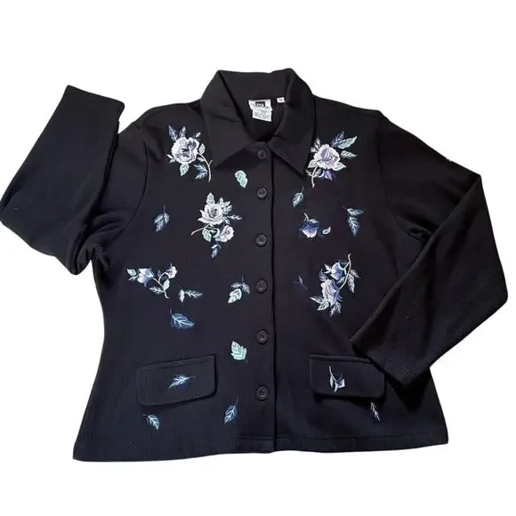 Vintage Together! Women’s Black Embroidered Floral Button Up Cardigan Sweater XL - Picture 6 of 8